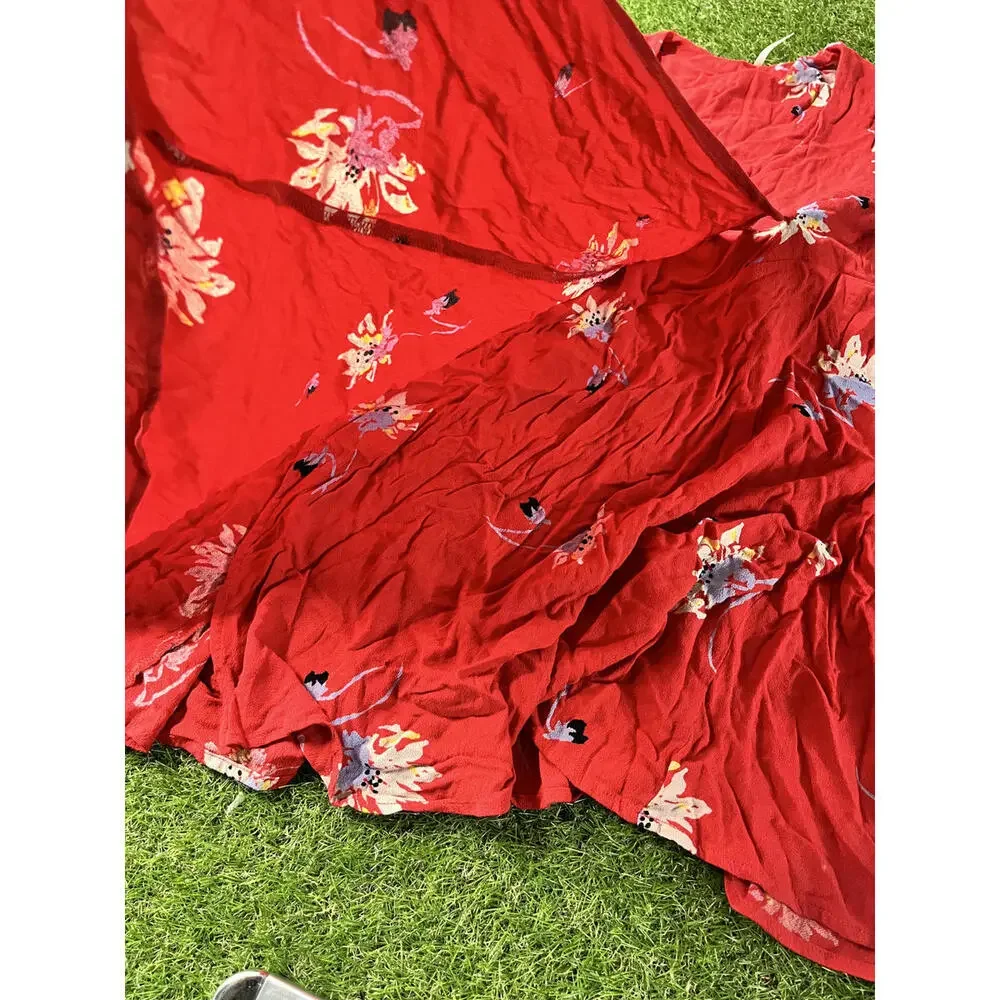 Free People‎ Red Floral Wrap Dress Size Small Bell 3/4 sleeve Mini